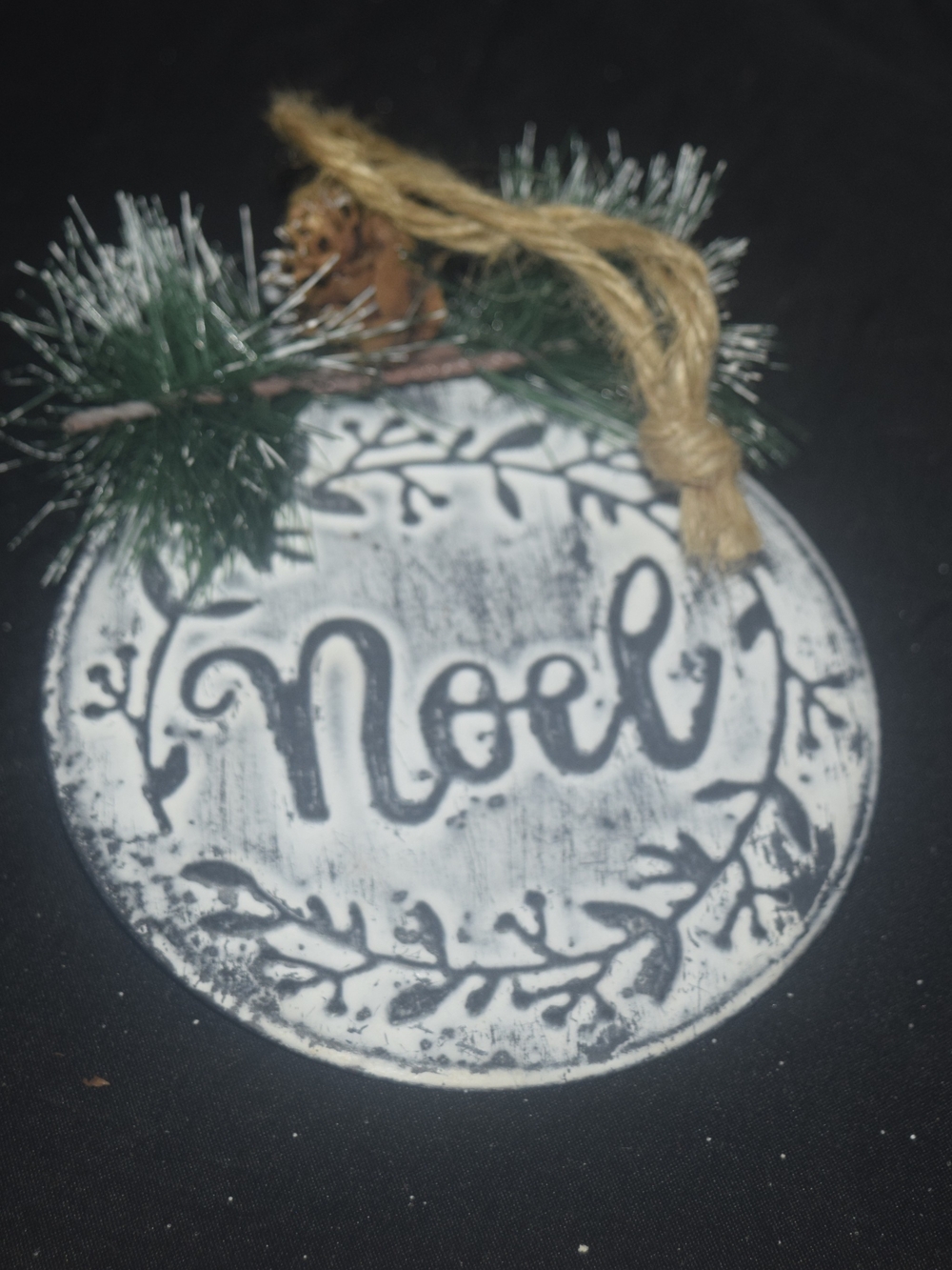 Source Unknown White Noel Ornament with Green Pine and Natural Jute